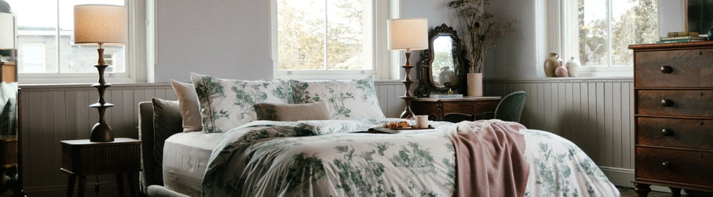 bedroom display with green toile foxford bedding 