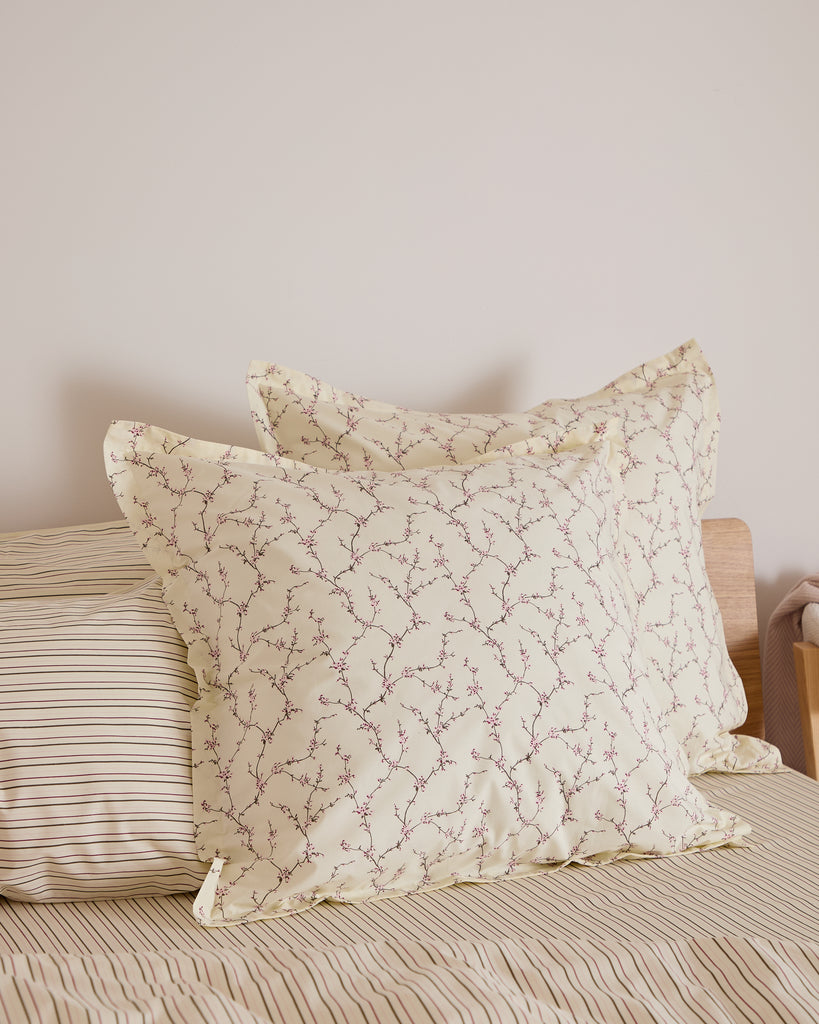 Foxford Tess Oxford Square Pillowcase AW25, 300-thread count, cherry blossom print on cream base, classic Oxford square design