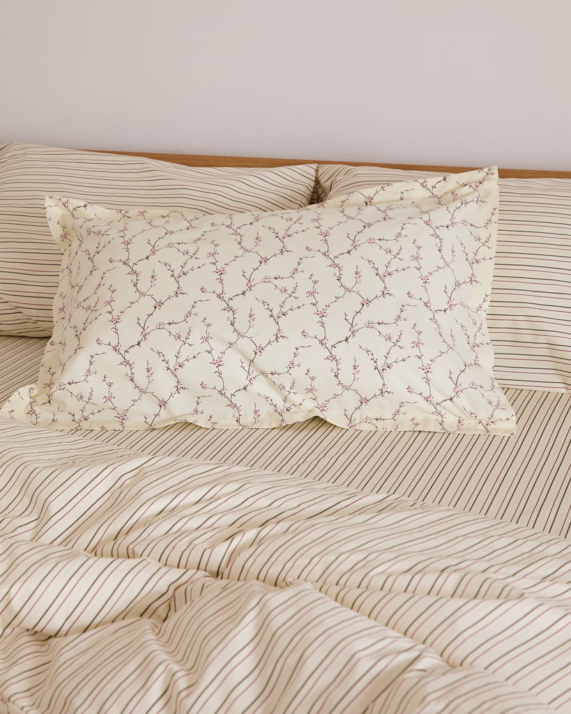 Foxford Tess Single Oxford Pillowcase AW25, 300-thread count, cherry blossom print on cream base, classic Oxford design