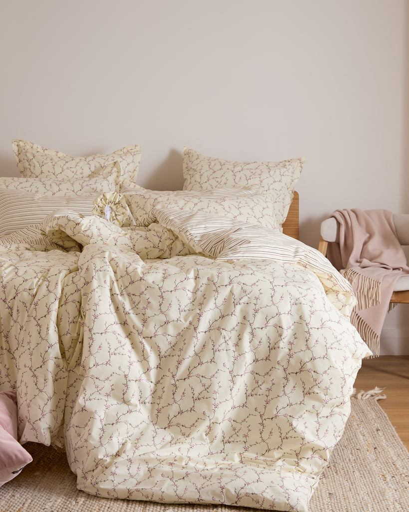 Foxford Tess Duvet Set AW25, 300-thread count, cherry blossom print on cream base, including matching pillowcases