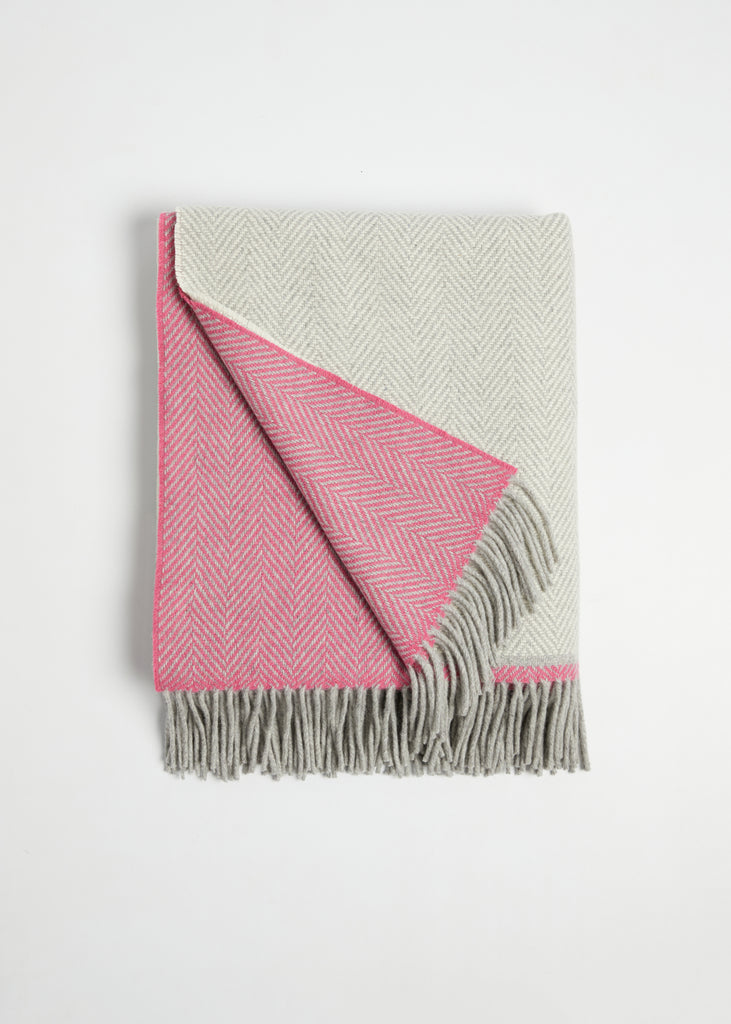 Foxford Lily Cashmere and Lambswool Throw pink and grey herringbone throw folded 