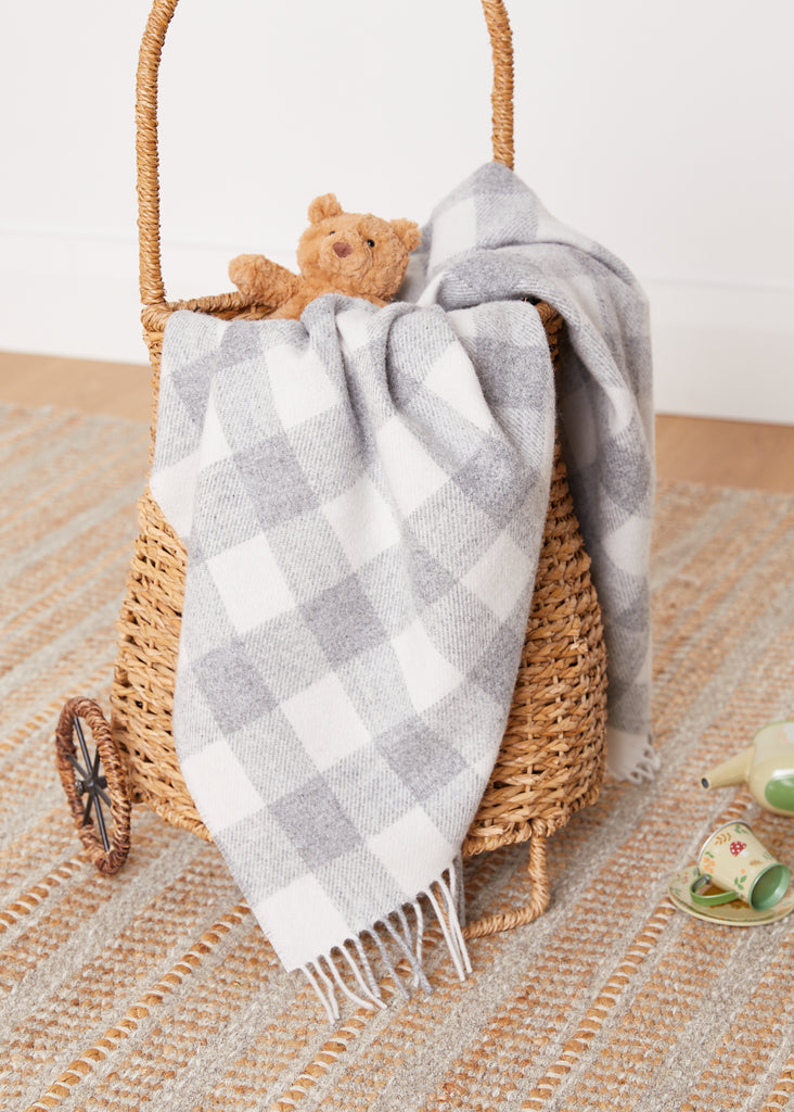 Foxford Pearl Grey Check Lambswool Baby Blanket 