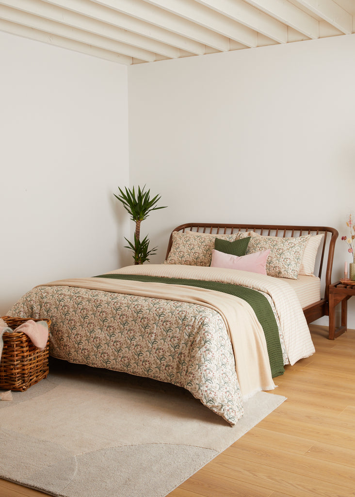 Discover pure indulgence with the Foxford Romantic Blossom Duvet Set from our 180-thread count Everyday Collection. New for summer 2024, this set showcases a breathtaking blossom print in shades of peach, pink, and green. Expertly crafted in Portugal from 100% long-stemmed cotton and designed by renowned Irish designer Helen McAlinden, it offers the luxurious comfort and quality of Irish bedding.
