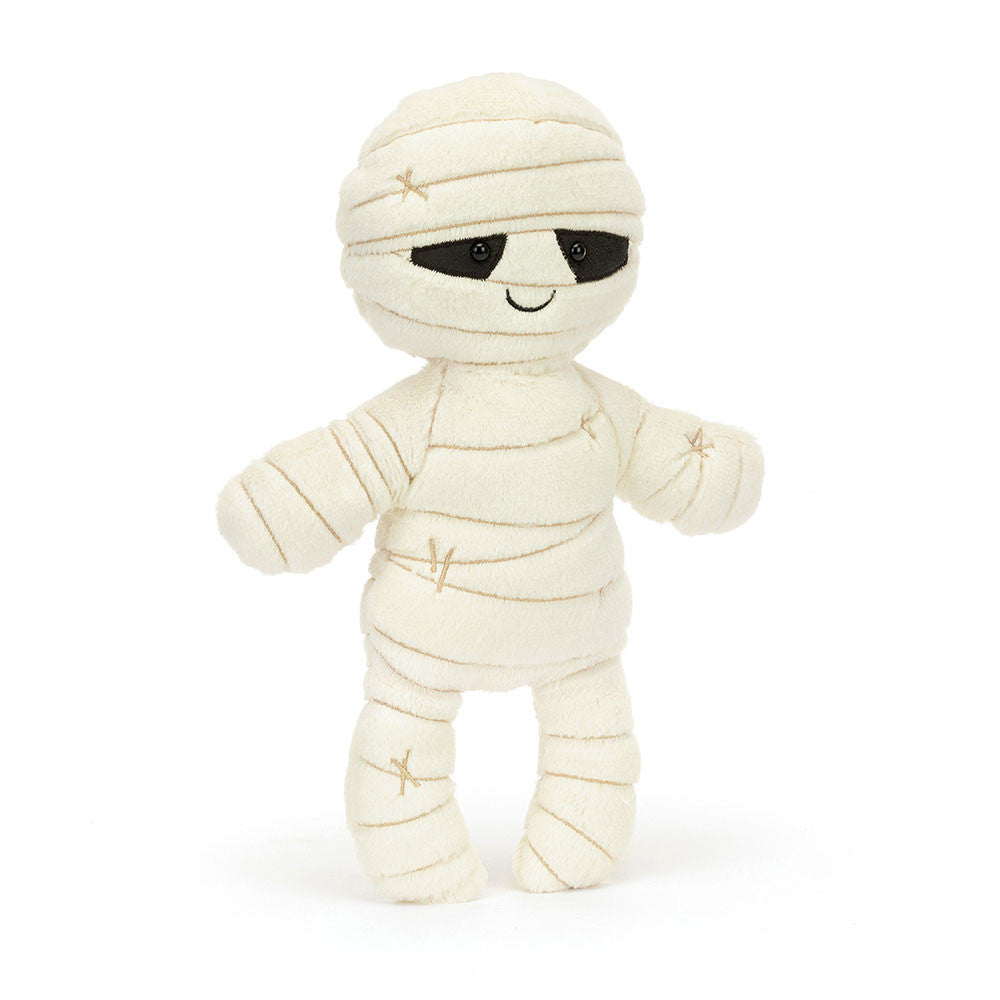 Jellycat Mummy Bob plush toy wrapped in soft, fluffy bandages with a quirky, friendly expression, perfect for Halloween cuddles.